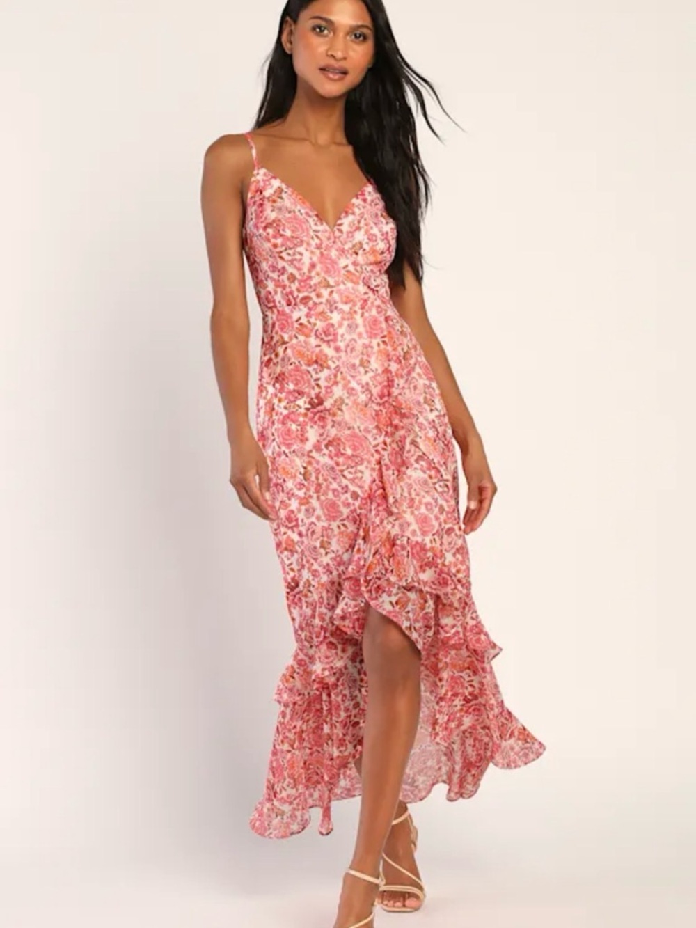 Lulu's Pink Floral Asymmetrical Ruffle Midi Dress
